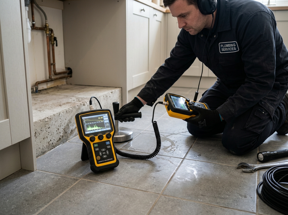Acoustic detection equipment used to locate water leak under slab in Pittsburg